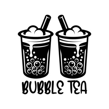 Beyaz arka planı olan el yapımı baloncuklu çay logosu vektörü. Sütlü çay. Siyah ve beyaz