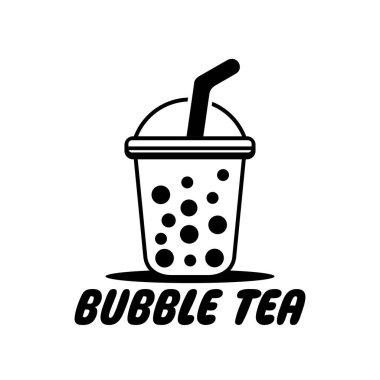 Beyaz arka planı olan köpüklü çay logosu vektörü. Sütlü çay. Siyah ve beyaz. El çizimi