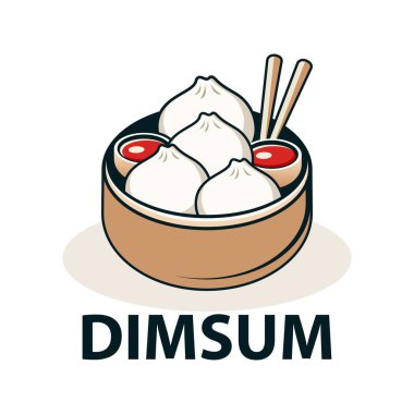 Dimsum logo vektör örnekleme şablonu beyaz arkaplanlı. Kasede Çin yemeği.