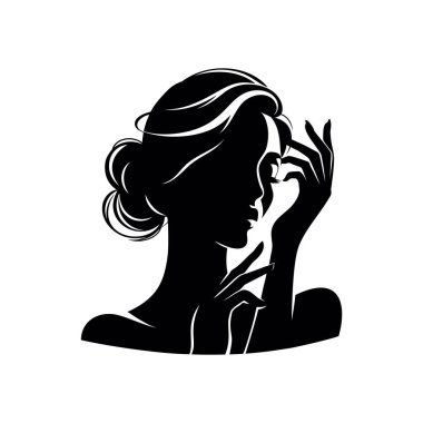 Bayan logo baş logosu tasarımı vektör çizim şablonu. Moda kız portreleri amblemi. Kadın yüzü çizilmiş.