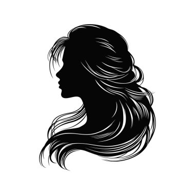 Bayan logo baş logosu tasarımı vektör çizim şablonu. Moda kız portreleri amblemi. Kadın yüzü çizilmiş.