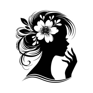 Bayan logo baş logosu tasarımı vektör çizim şablonu. Moda kız portreleri amblemi. Çiçekli kadın yüzü çizilmiş.