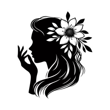 Bayan logo baş logosu tasarımı vektör çizim şablonu. Moda kız portreleri amblemi. Çiçekli kadın yüzü çizilmiş.