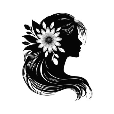 Bayan logo baş logosu tasarımı vektör çizim şablonu. Moda kız portreleri amblemi. Çiçekli kadın yüzü çizilmiş.