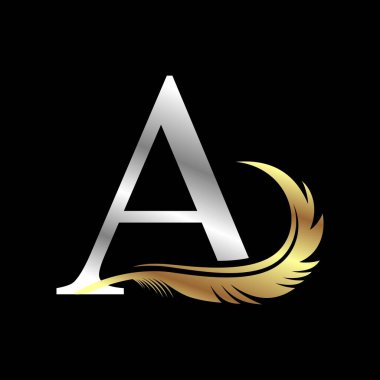 Tüylü gümüş harf vektör illüstrasyon şablonlu ilk logo siyah arkaplan