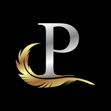 Tüylü gümüş harf vektör illüstrasyon şablonlu ilk logo siyah arkaplan