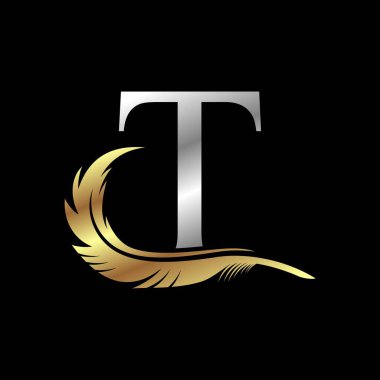 Tüylü gümüş harfli ilk logo vektör çizim şablonu T