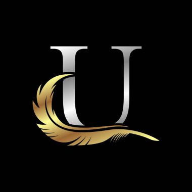 Tüylü gümüş harfli ilk logo vektör çizim şablonu U harfi.