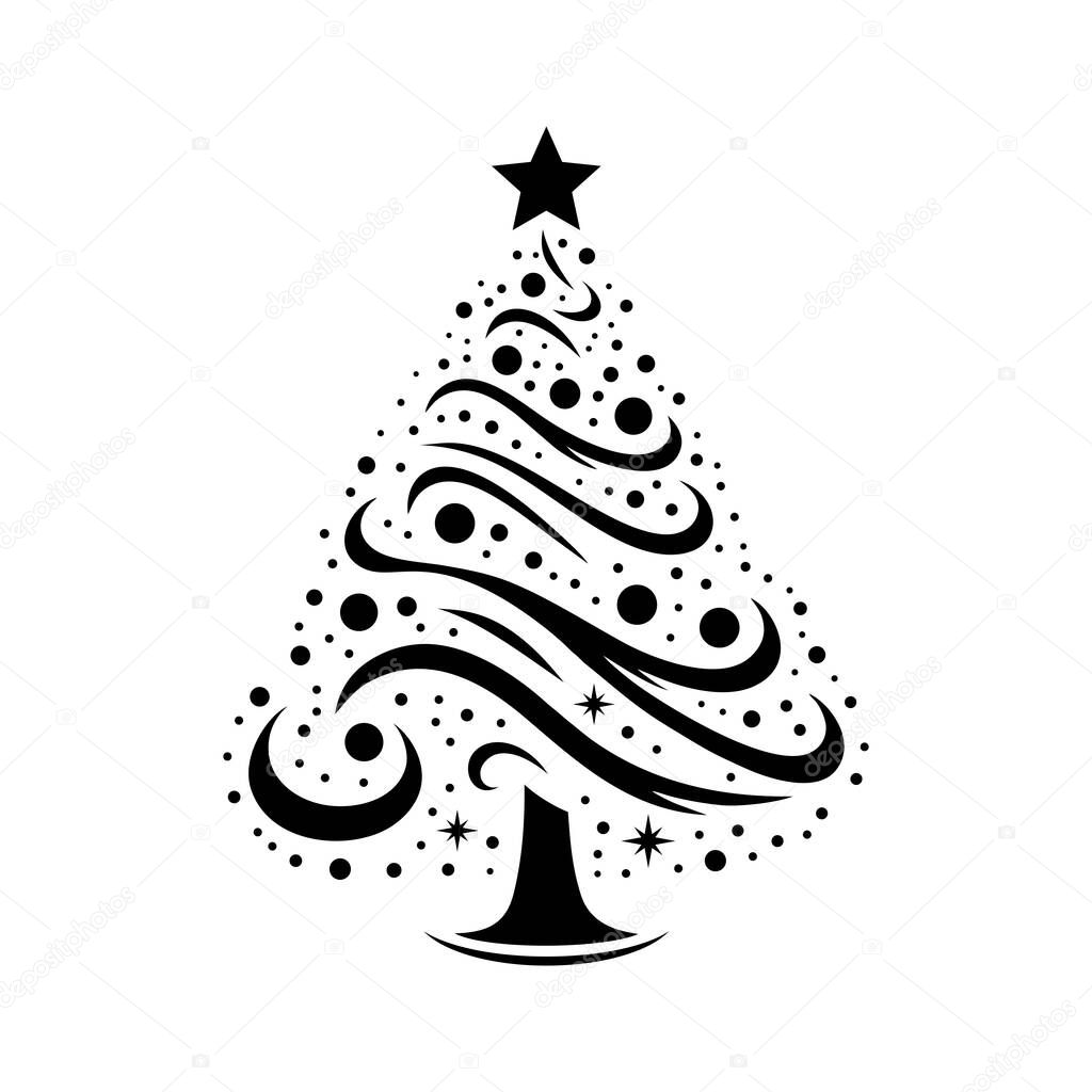 Christmas tree logo vector design illustration template black and white hand draw. Art icon of christmas sign and symbol with snow