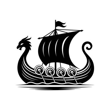 Pirate ship logo vector illustration template black and white. Simple icon of viking