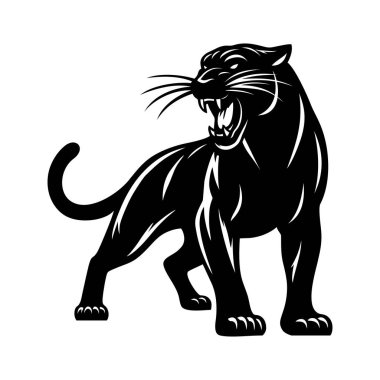 Kara panter logosu amblem vektör çizim şablonu. Basit bir sanat simgesi. Vahşi hayvanların siyah beyaz yapıştırması.
