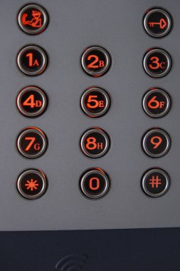 This image presents a closeup view of an elevators control panel, featuring various buttons with numbers and symbols clipart