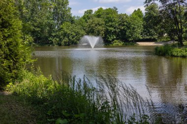Bereketli yeşilliklerle çevrili huzurlu bir göl manzarası güneşli bir günde merkezde akan bir çeşme ile. Huzur, doğal güzellik, rahatlama ve açık hava eğlencesi.
