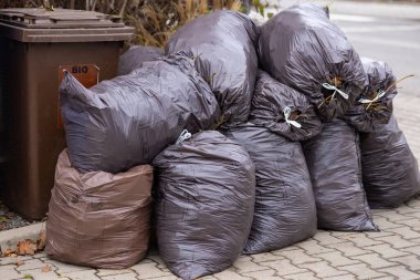 Biyolojik atıkların olduğu kahverengi bir çöp kutusunun yanına yerleştirilmiş bahçe kırpıntıları ve dallarla dolu biyolojik çözünebilir atık torbaları. Çevre dostu imha ve kentsel atık yönetimi uygulamaları