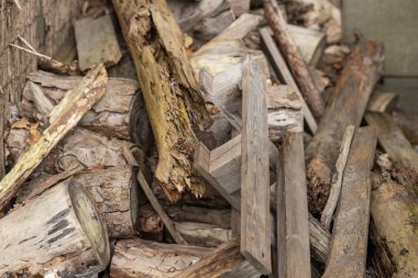 Pile of old and weathered wooden logs and planks stacked outdoors in a rustic environment. Concept of natural decay, recycling materials, and wood textures in nature clipart