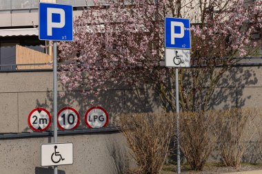 Modern konut binasının yakınındaki engelliler, trafik işaretleri ve çiçek açan bahar ağaçları için özel park yerleri olan şehir mimarisi. Erişilebilir ve eşit şehir tasarımı