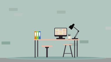 Belge kutusu, bilgisayar ve çalışma lambası olan düzgün bir ofis masası..