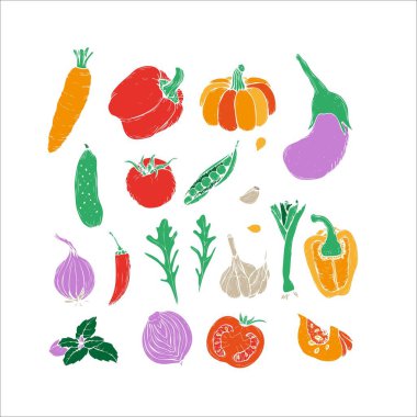Elle çizilmiş renkli karalama sebzeleri moda organik tarzda. Kırmızı ve yeşil biber, sıcak kırmızı biber, domates, biber, tohum, ot. Sebzeler ikiye bölündü. Düz simgeler. Çiftlik ürünleri