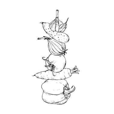 Biber, havuç, domates, soğan, salatalık ve sarımsak da dahil olmak üzere istiflenmiş sebzelerin siyah ve beyaz çizimi. Beyaz arka planda el çizimi çizimi çizimi. Mutfak için mükemmel.