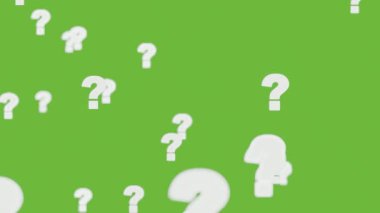 Questions mark animation coming to front overlay on green screen background and motion blur element object composition video graphic confusion and curiosity.
