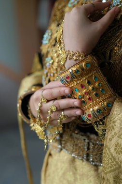 Yakın plan - geleneksel Thai elbisesi içinde güzel bir kadın manzarası