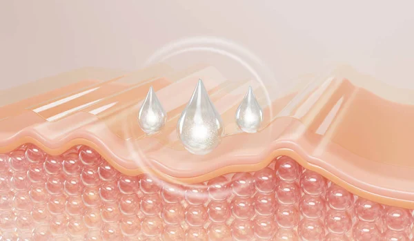 stock image Closeup Oli and vitamin drop on skin cells. serum through the skin layer and reduce the saggy skin of the skin cell. 3d rendering.  