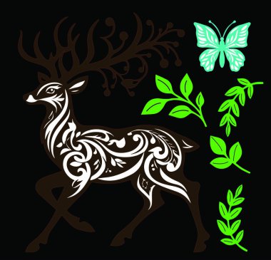 vector illustration of a deer with a leaf and a floral pattern clipart