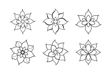 Dört çiçek seti. Vektör çizimi. Beyaz arka planda siyah ve beyaz izole.