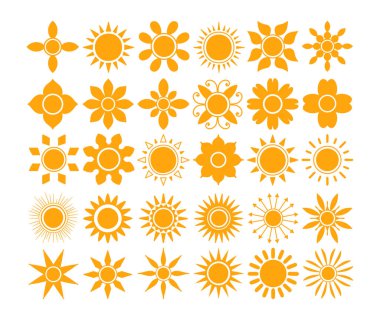 Güneş ikonu seti, güneş ışığı ve güneş ışığı, gün doğumu veya batımı, beyaz arkaplanda izole güneş ikonları, Güneş vektörü illüstrasyonu