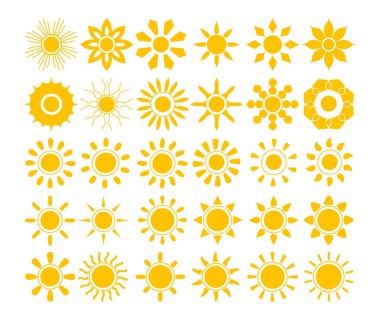 Güneş ikonu seti, güneş ışığı ve güneş ışığı, gün doğumu veya batımı, beyaz arkaplanda izole güneş ikonları, Güneş vektörü illüstrasyonu