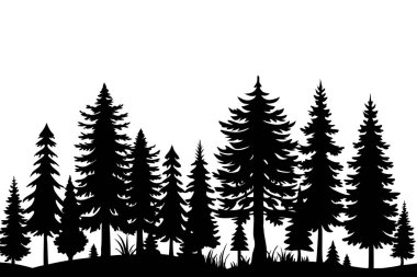 Beyaz arkaplandaki ağaç siluetlerinin vektör çizimi.