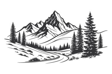 Dağ ve nehir. Siyah ve beyaz çizimler. beyaz arkaplanda izole edilmiş resim.