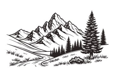 Nehirli dağ manzarası. vektör illüstrasyonu