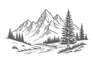Dağ manzarası. siyah ve beyaz vektör çizimi.