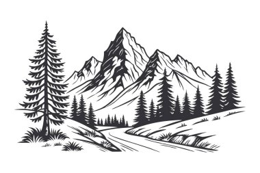 Dağ manzarası, çam ormanı ve ağaçlar. Vektör çizimi. El çizimi orman.