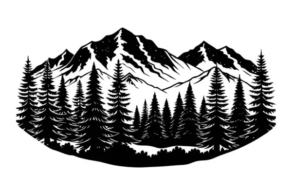 Çam ormanlarının izole edilmiş ikon dizaynına sahip dağ, vektör illüstrasyon grafiği