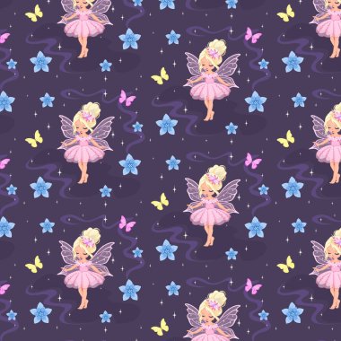 Renkli kelebekler ve çiçekler arasında dans eden zarif pembe periler karanlık bir zemin üzerinde büyüleyici ve büyülü bir atmosfer yaratarak çocuk dekorları ve sanatları için mükemmel bir ortam yaratıyorlar..