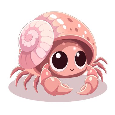 A cartoon-style hermit crab features oversized eyes and a light pink spiral shell. Its cheerful expression and small claws create an inviting character, perfect for childrens themes. clipart