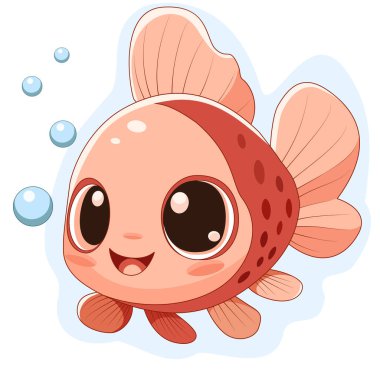 Büyük parlak gözleri olan neşeli bir çizgi film balığı zarif bir şekilde parlak mavi suda yüzer. Kabarcıklar havada süzülür, sahnenin neşeli atmosferini arttırır..