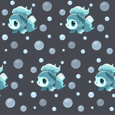 Tuhaf bir şablon, yumuşak baloncukların arasında yüzen sevimli Japon balıklarını içeriyor. Karanlık bir arka planda, neşeli ve büyüleyici bir atmosfer yaratıyor..