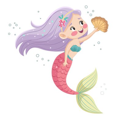 Elinde deniz kabuğu olan küçük sevimli bir deniz kızı.