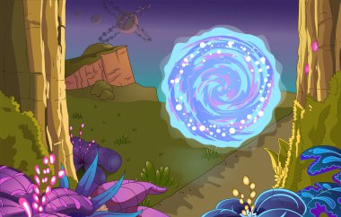 Alacakaranlık sırasında canlı bitkiler ve uçurumlarla çevrili yabancı bir arazide gizemli bir portal.