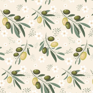 Yeşil ve siyah zeytinlerle süslenmiş zeytin dallarının narin dizaynı yumuşak krem arka planda küçük beyaz çiçeklerle sarmalanmış. Dekor veya kumaş için mükemmel.
