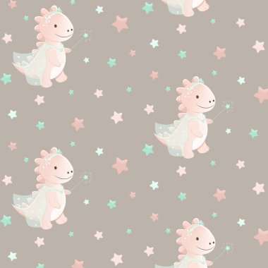 Yıldızlı bir pelerin ve taç takmış sihirli bir kız dinozorun değnek tutmasını gösteren sevimli, pürüzsüz bir desen. # Pastel pembe ve nane rengi yıldızlarla çevrili #