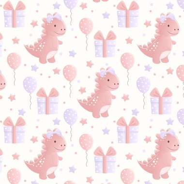 Pembe karikatür dinozorlar, yaylar, balonlar, yıldızlar ve pastel arka planda hediye kutuları. Çocukların doğum günü tasarımları, bebek partisi süslemeleri, çocuk odası baskıları için mükemmel.