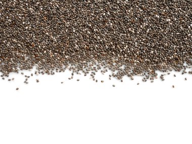 Kopya alanı ile beyaz arka plan üzerinde izole chia tohum. Üstten Görünüm.