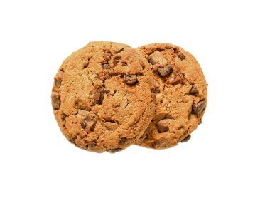 Beyaz arka planda izole edilmiş çikolatalı kurabiyeler. Üst görünüm.