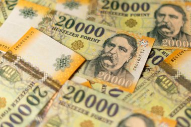 20.000 Macar Forint banknotunun bir yığın halinde yakın plan görüntüsü.