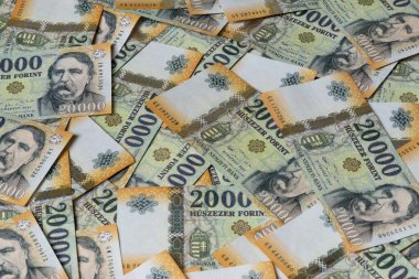 20.000 Macar Forint banknotunun bir yığın halinde yakın plan görüntüsü.