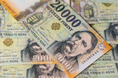 20.000 Macar Forint banknotunun bir yığın halinde yakın plan görüntüsü.